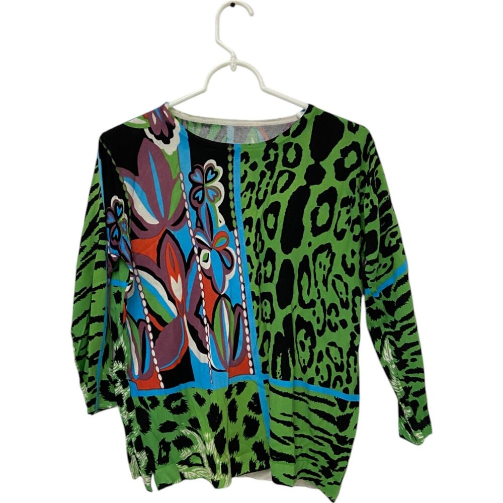 Pullover Lightweight Sweater Womens Size L Green Animal Print Long Sleeve